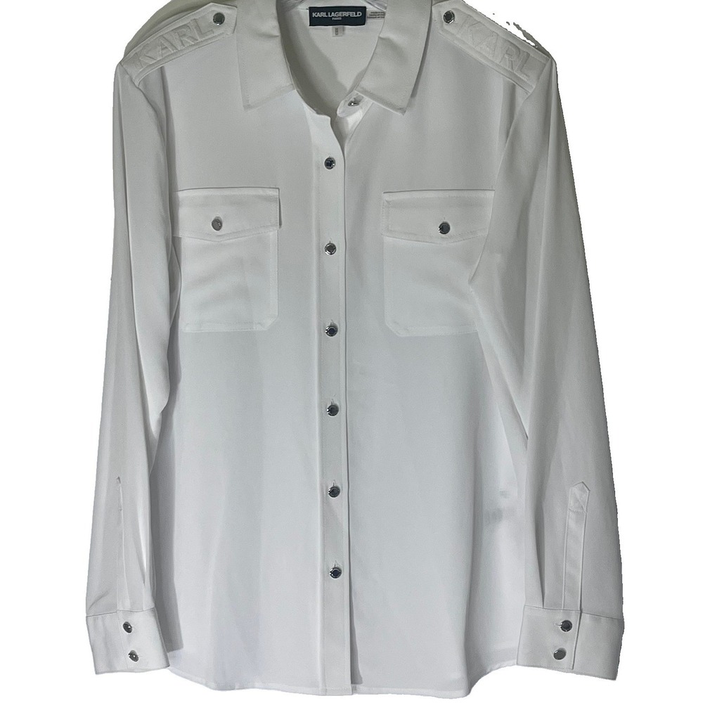 Karl Lagerfeld Paris Button Front Shirt Medium White Long Sleeve Epaulettes